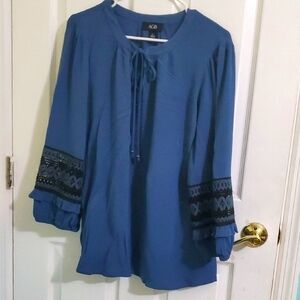 AGB Dark Teal Black Lace Ruffled Balloon Sleeves Boho Peasant Top L